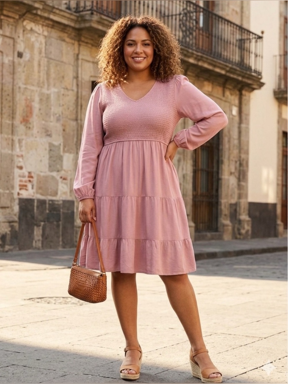 Zesica-Smocked V-Neck Tiered Long-Sleeve Dress in Dusty Rose. XL